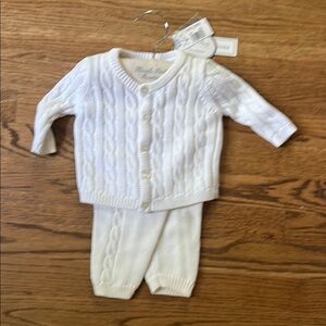 White Cable Knit Baby Cardigan and Pants Set new with tags